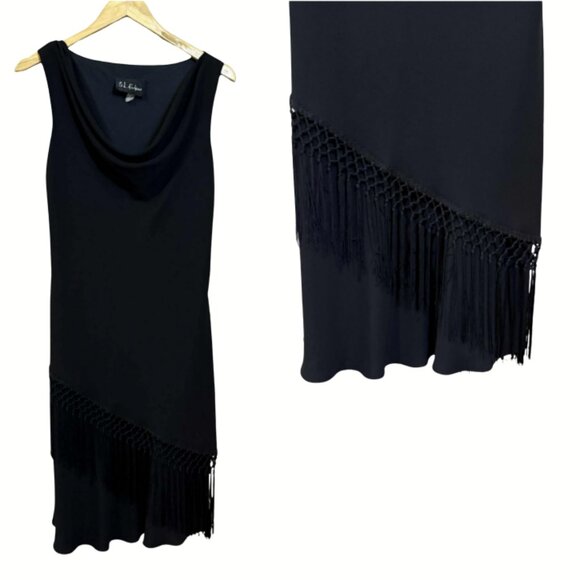 S.L. Fashion Black Fringe Cocktail Dress 12 Holiday Party LBD 90s Vintage Glam - Picture 1 of 3